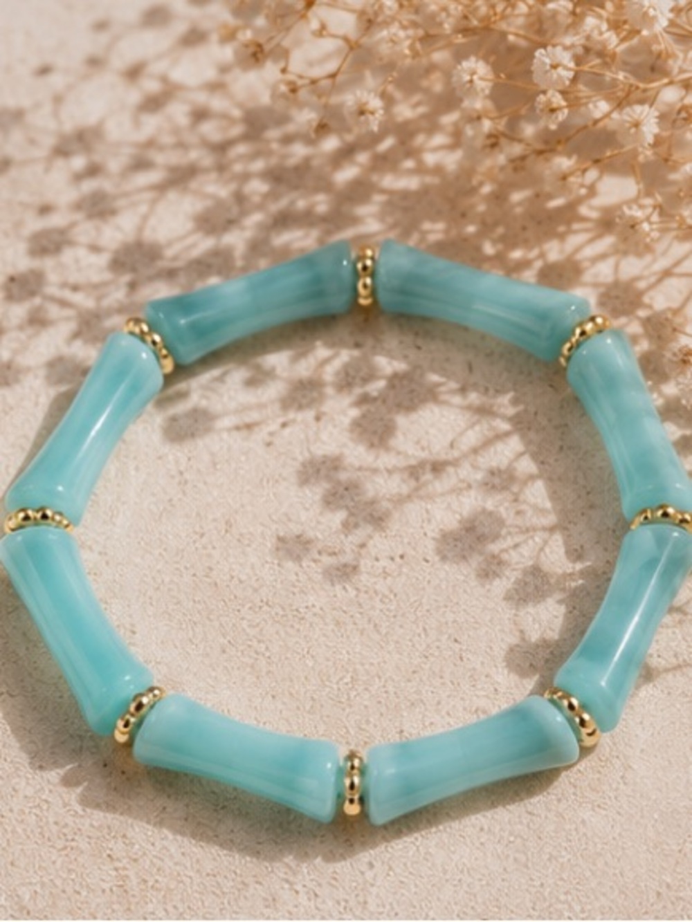 💧Aqua Aura Bamboo Tube Stretch Bracelet Gold Accent Coastal Boho Jewelry